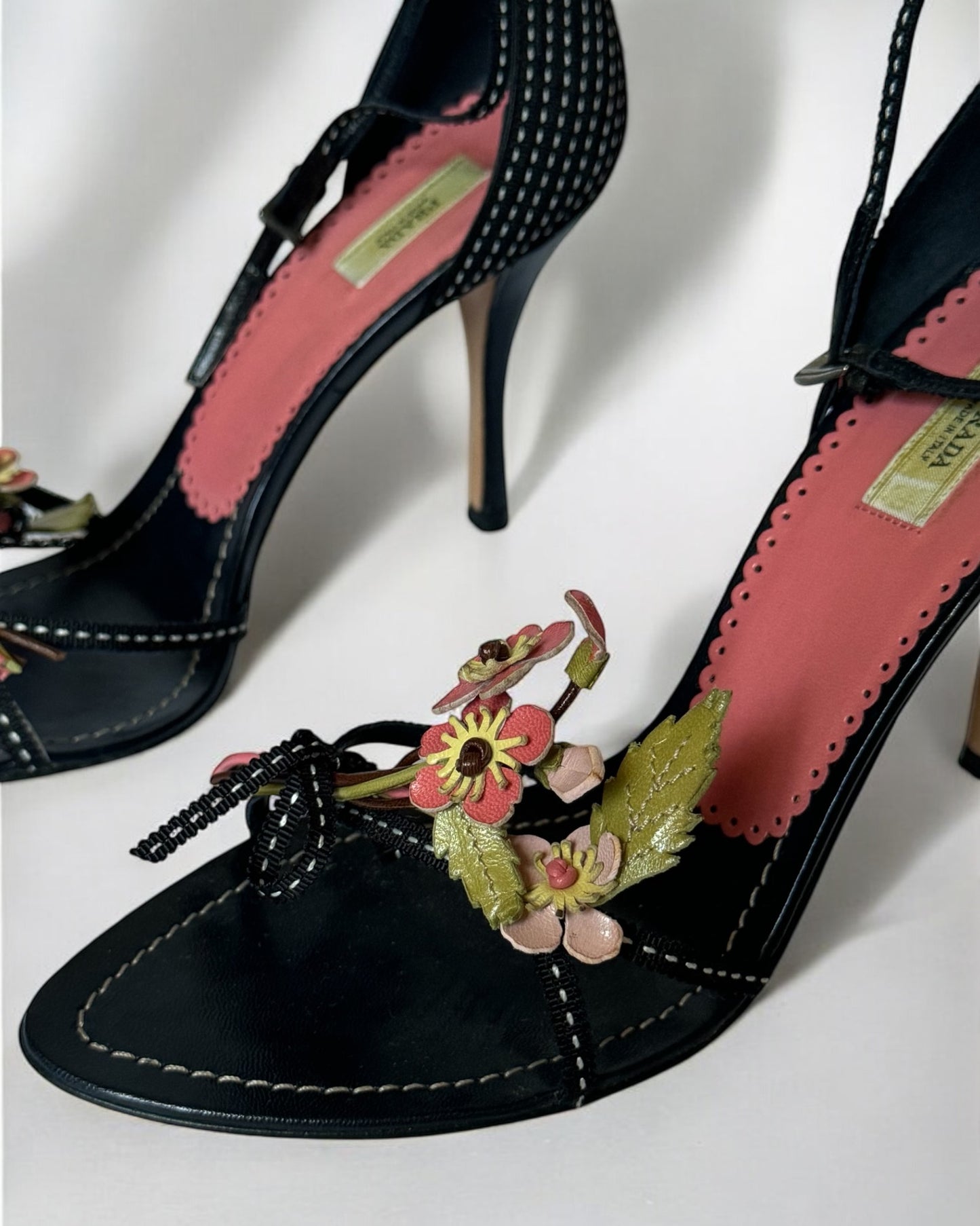 Prada Black Leather Flower Bouquet Heels, c. 2000s