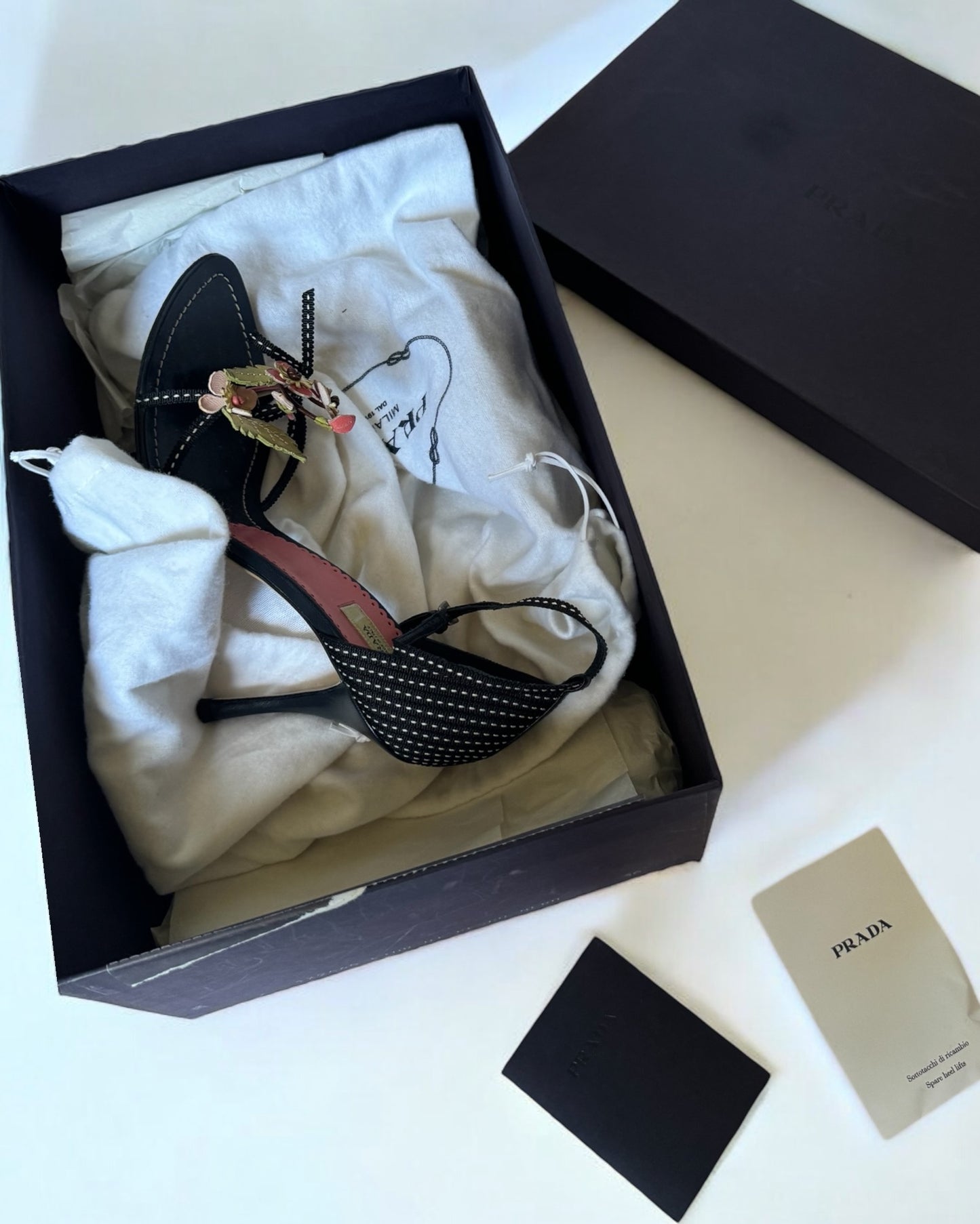 Prada Black Leather Flower Bouquet Heels, c. 2000s
