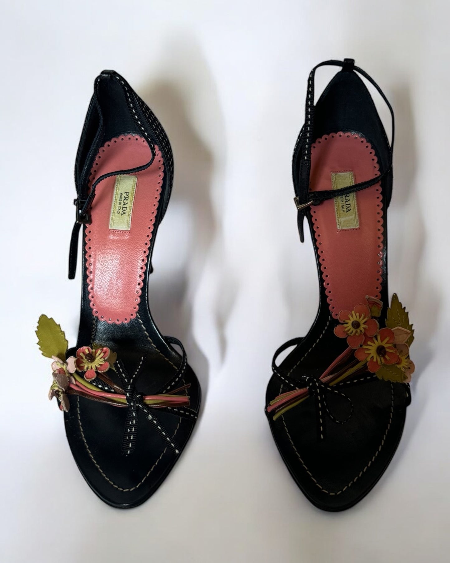 Prada Black Leather Flower Bouquet Heels, c. 2000s