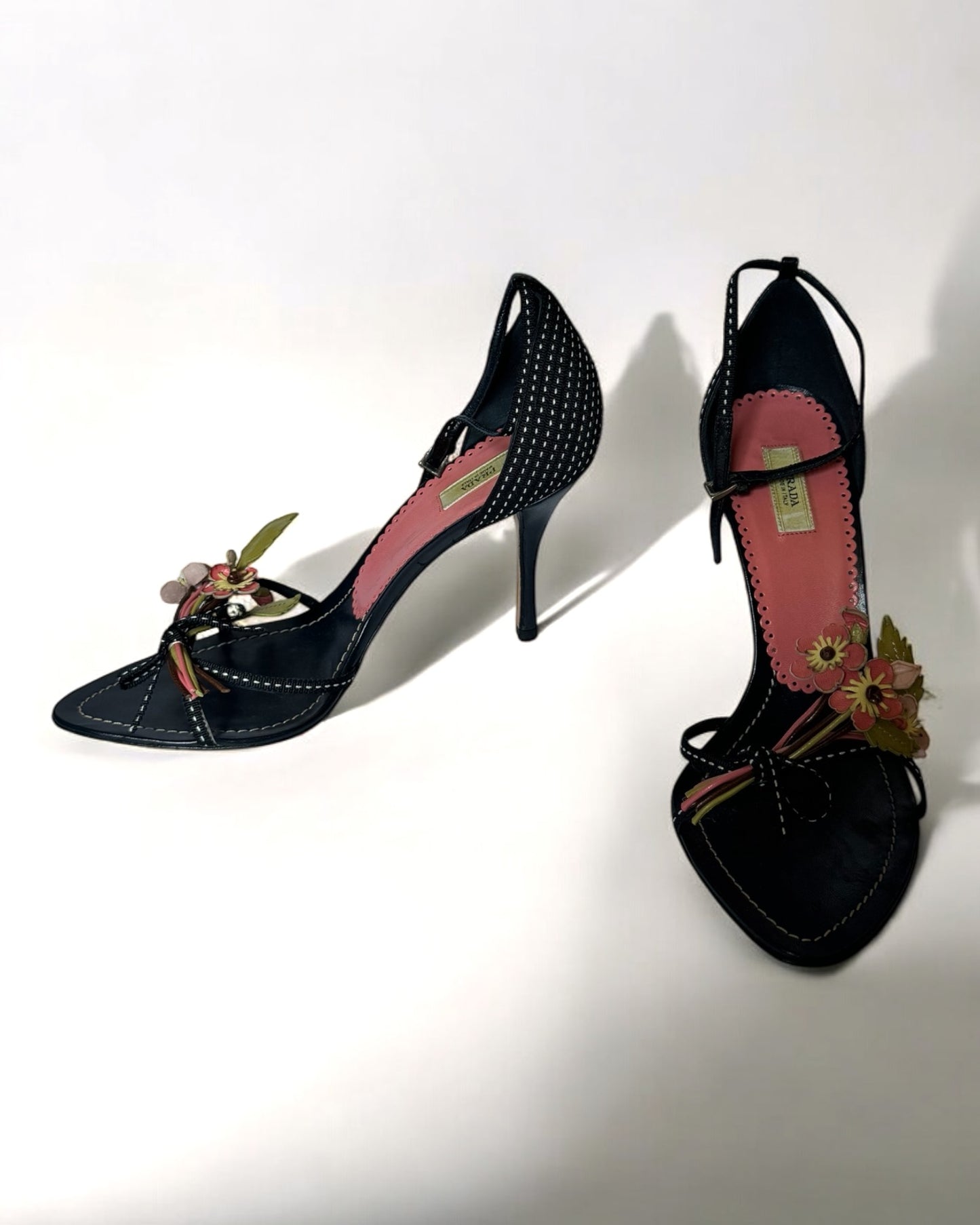 Prada Black Leather Flower Bouquet Heels, c. 2000s