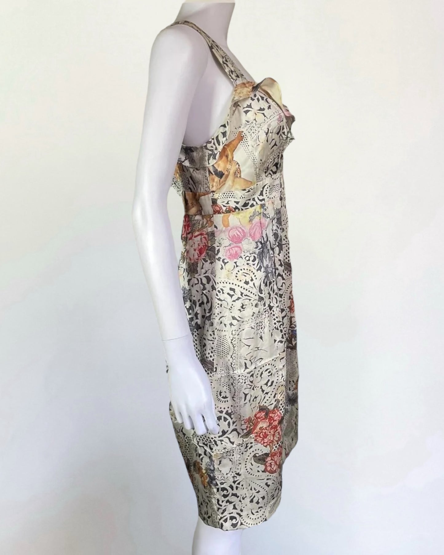 John Galliano Silk Floral Cherub Dress, c. 2000s