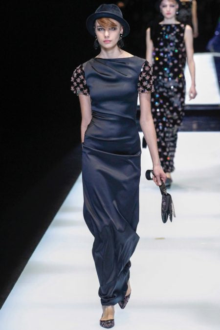 Giorgio Armani Satin Gown w Embellished Sleeves, FW 2017