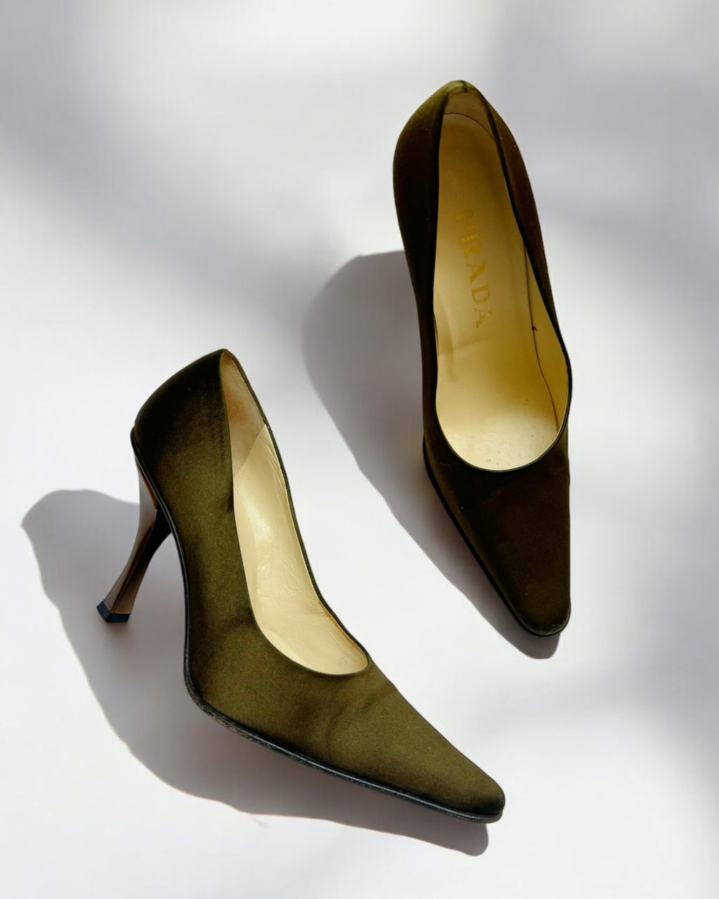Prada Silk Khaki Pumps, c. 1990s