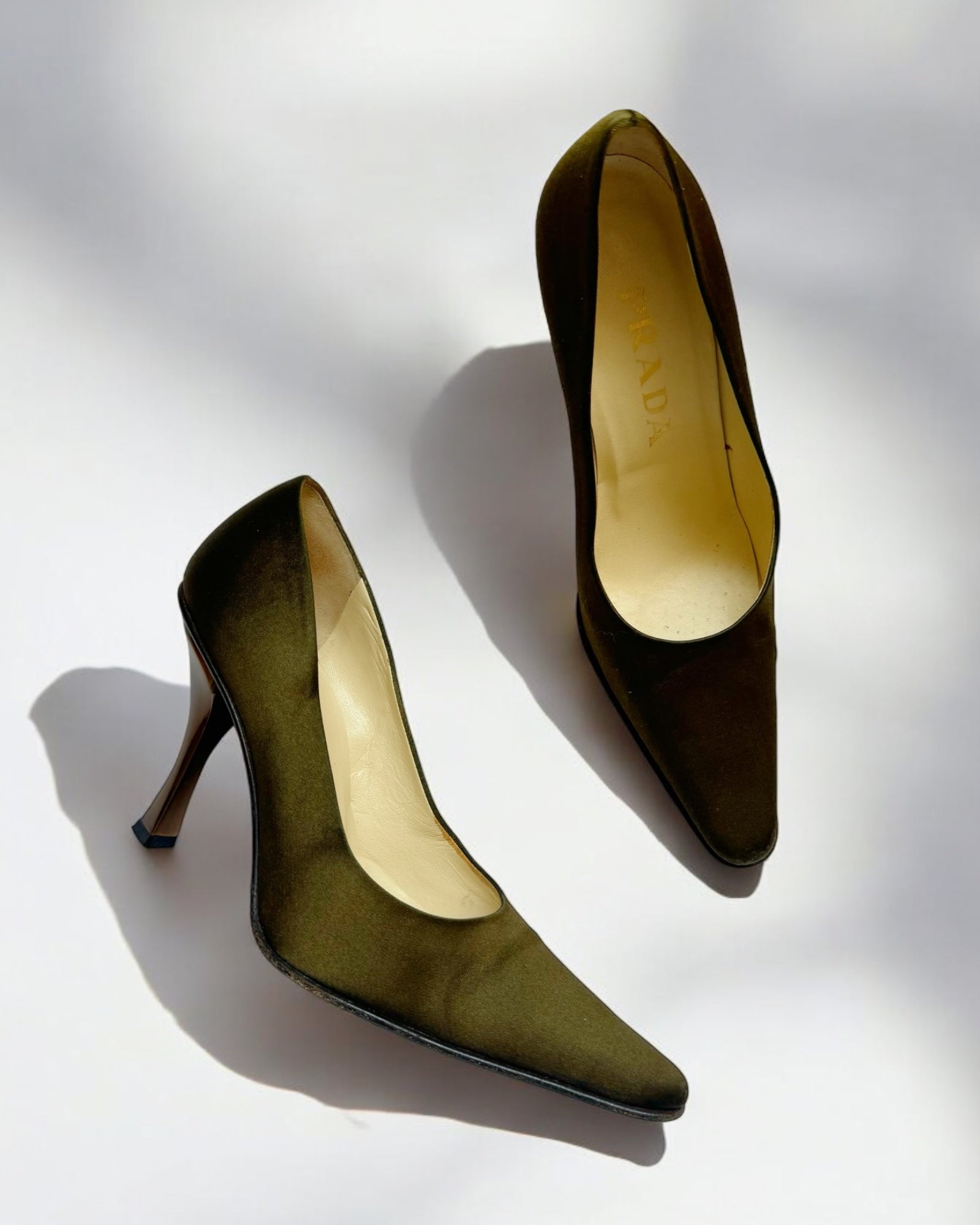 Prada Silk Khaki Pumps, c. 1990s