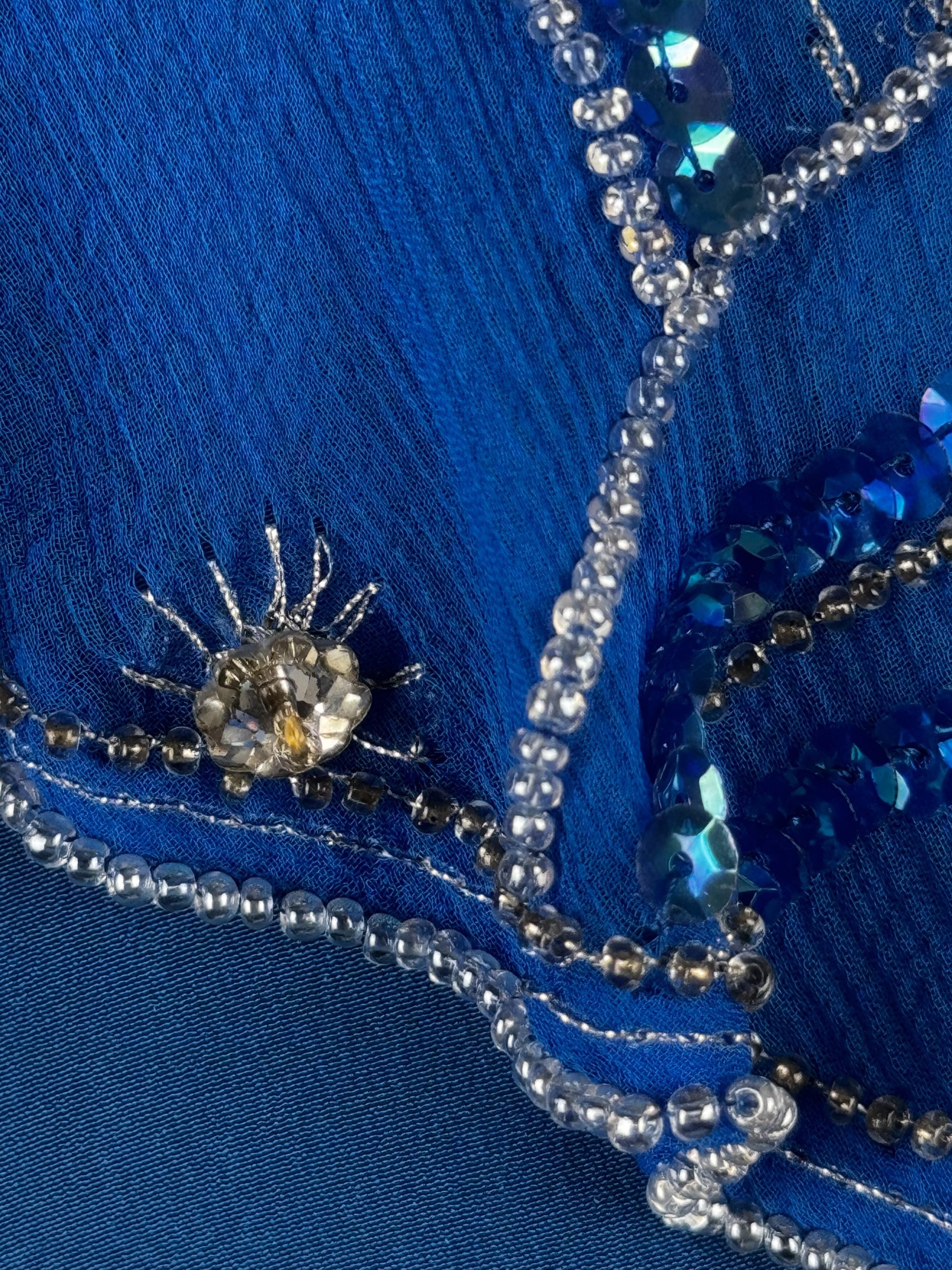 Bill Gibb Blue Silk Satin and Silk Chiffon Beaded Dress, c. Early 1980s