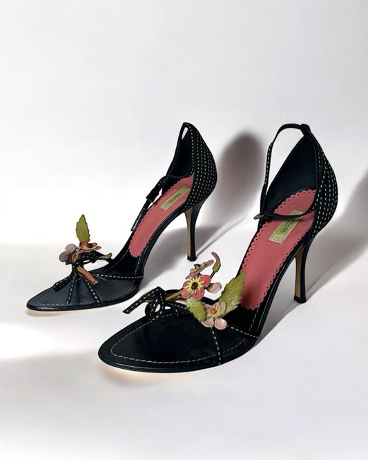 Prada Black Leather Flower Bouquet Heels, c. 2000s