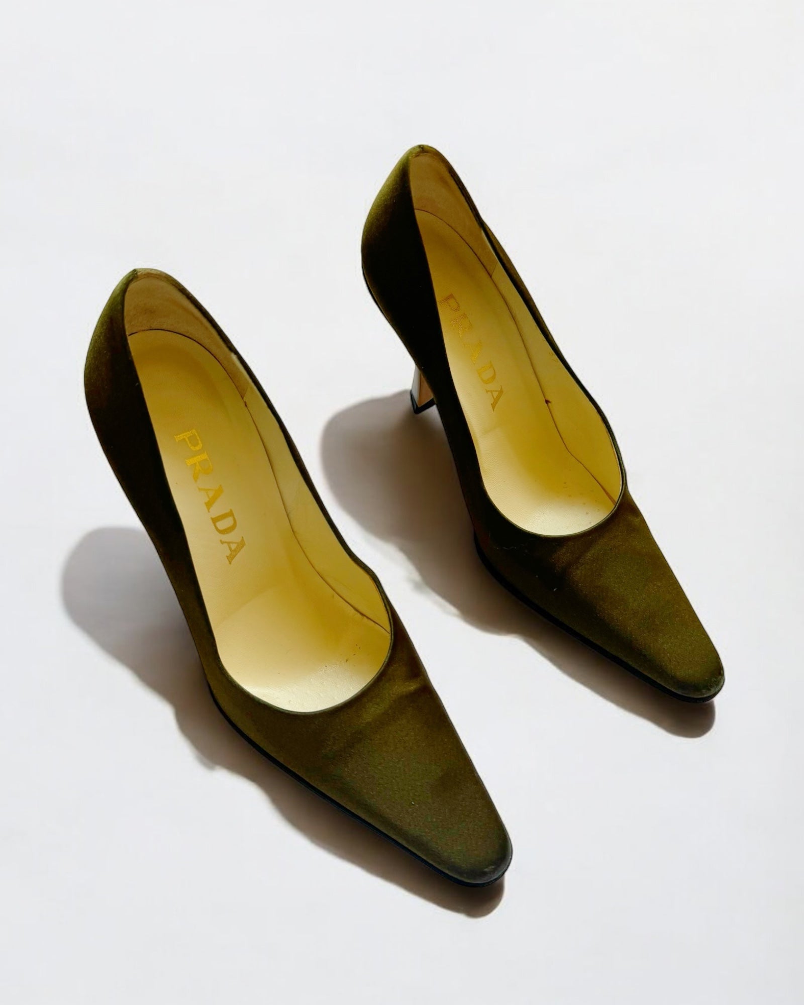 Prada Silk Khaki Pumps, c. 1990s