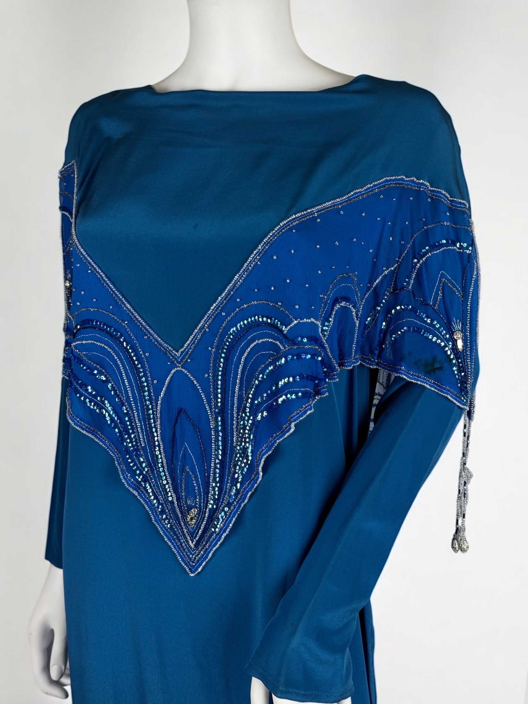 Bill Gibb Blue Silk Satin and Silk Chiffon Beaded Dress, c. Early 1980s