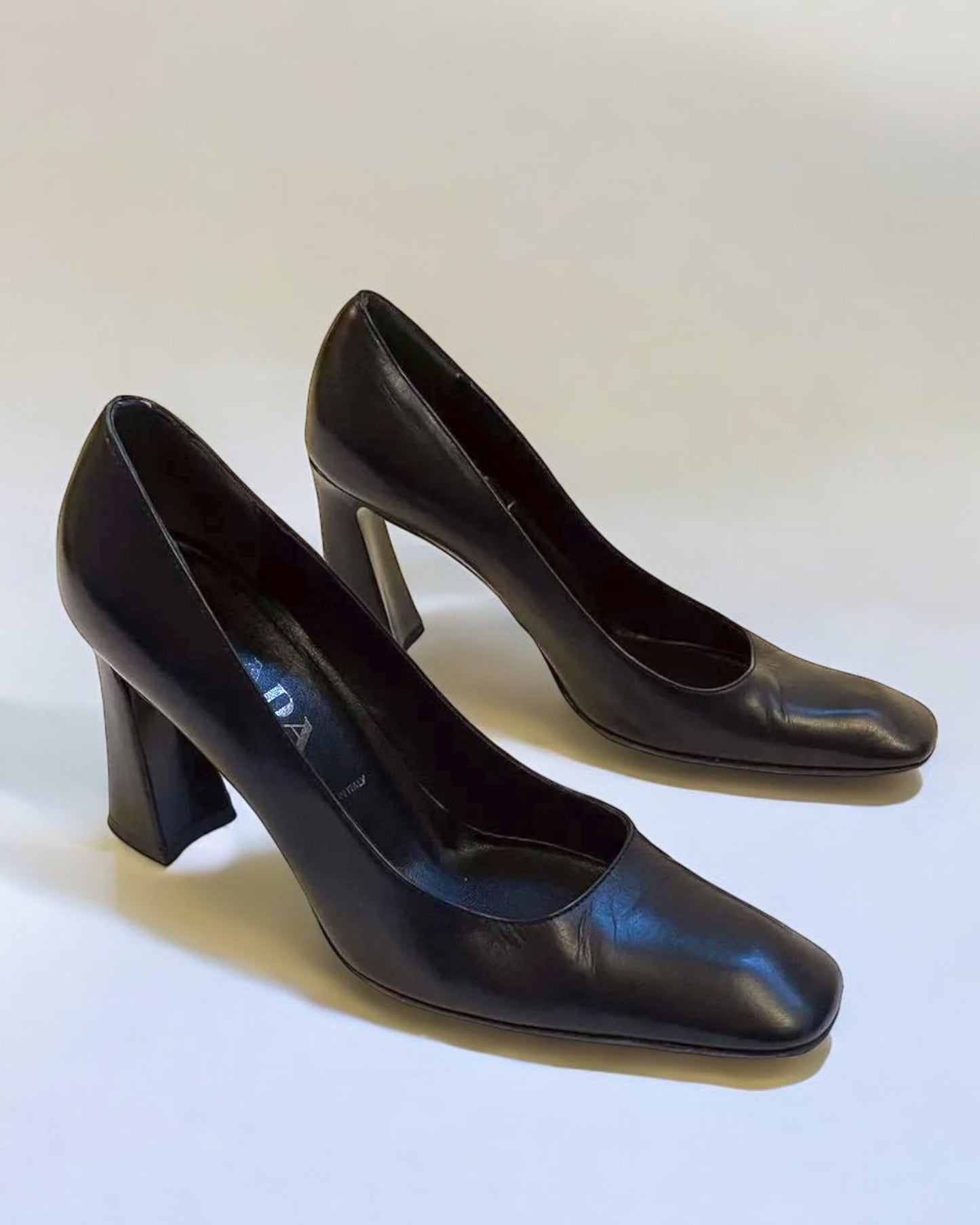 Prada Black Leather Square Toe Heels, c. 1990s