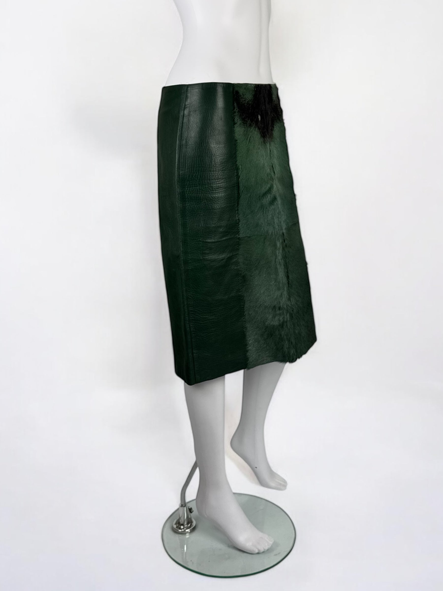 Gucci by Tom Ford Green Leather and Fur Skirt, FW 1999