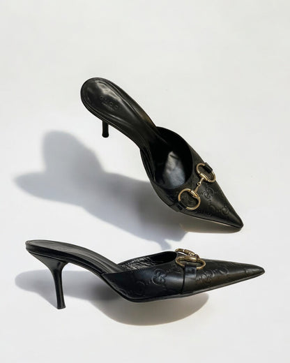 Gucci Black Leather Monogram Mules, 2005