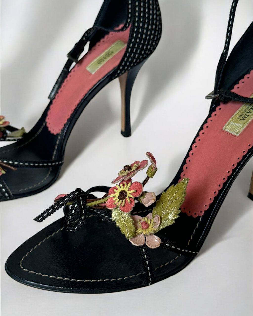 Prada Black Leather Flower Bouquet Heels, c. 2000s