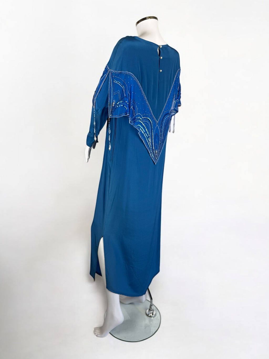 Bill Gibb Blue Silk Satin and Silk Chiffon Beaded Dress, c. Early 1980s
