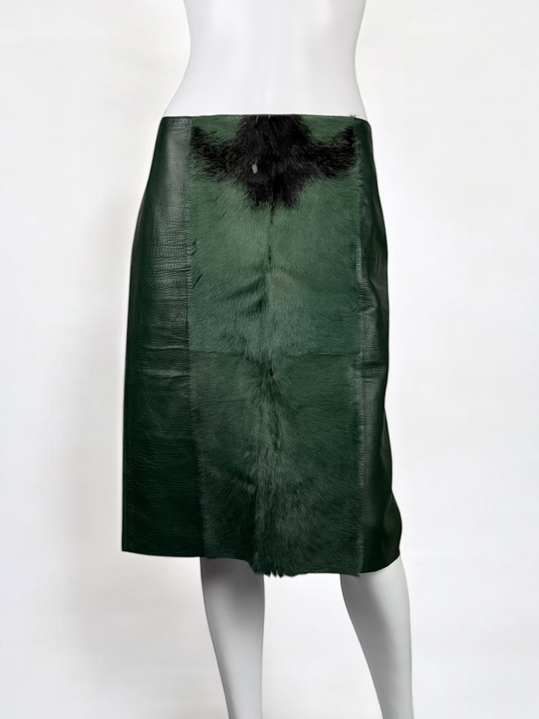 Gucci by Tom Ford Green Leather and Fur Skirt, FW 1999