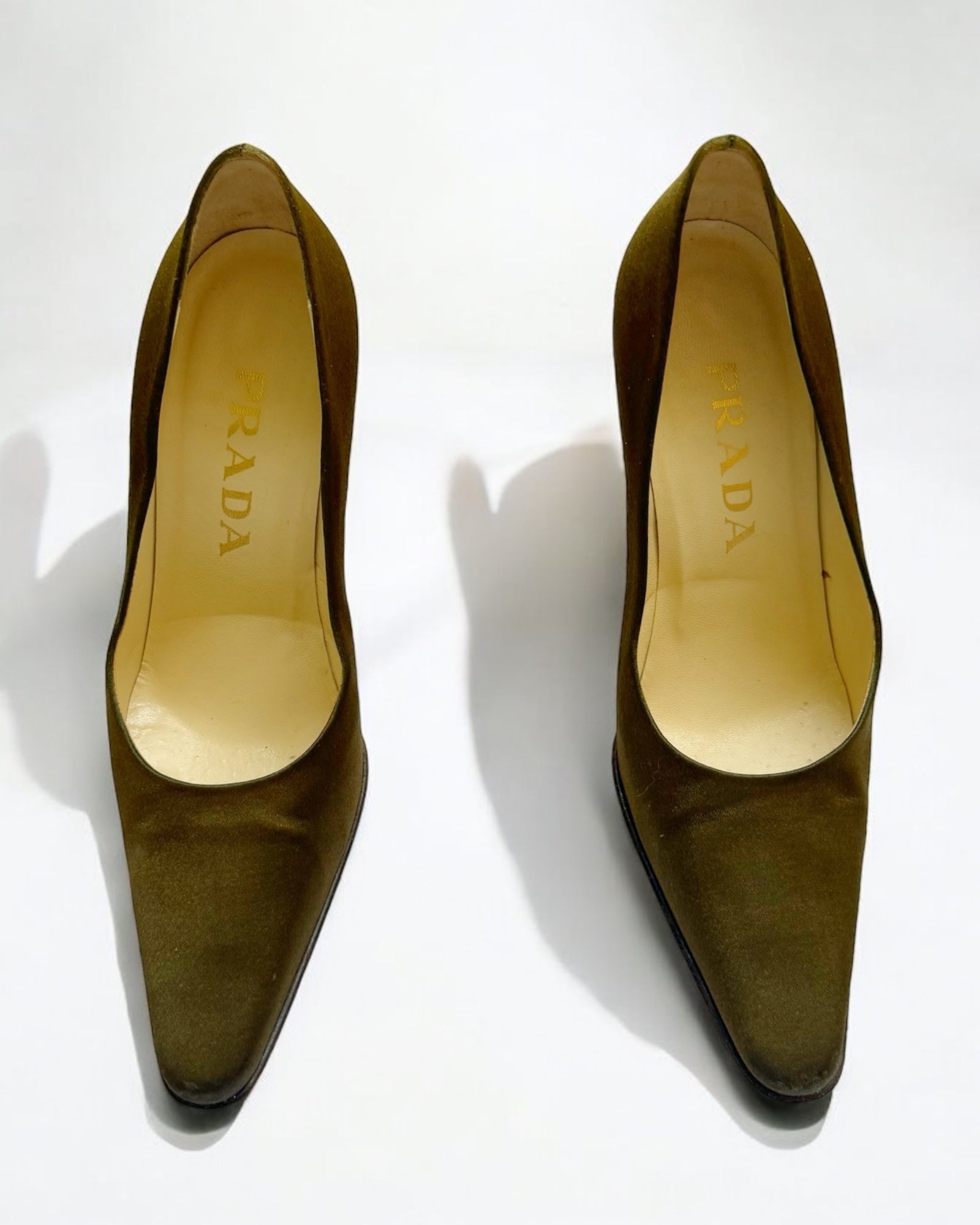 Prada Silk Khaki Pumps, c. 1990s