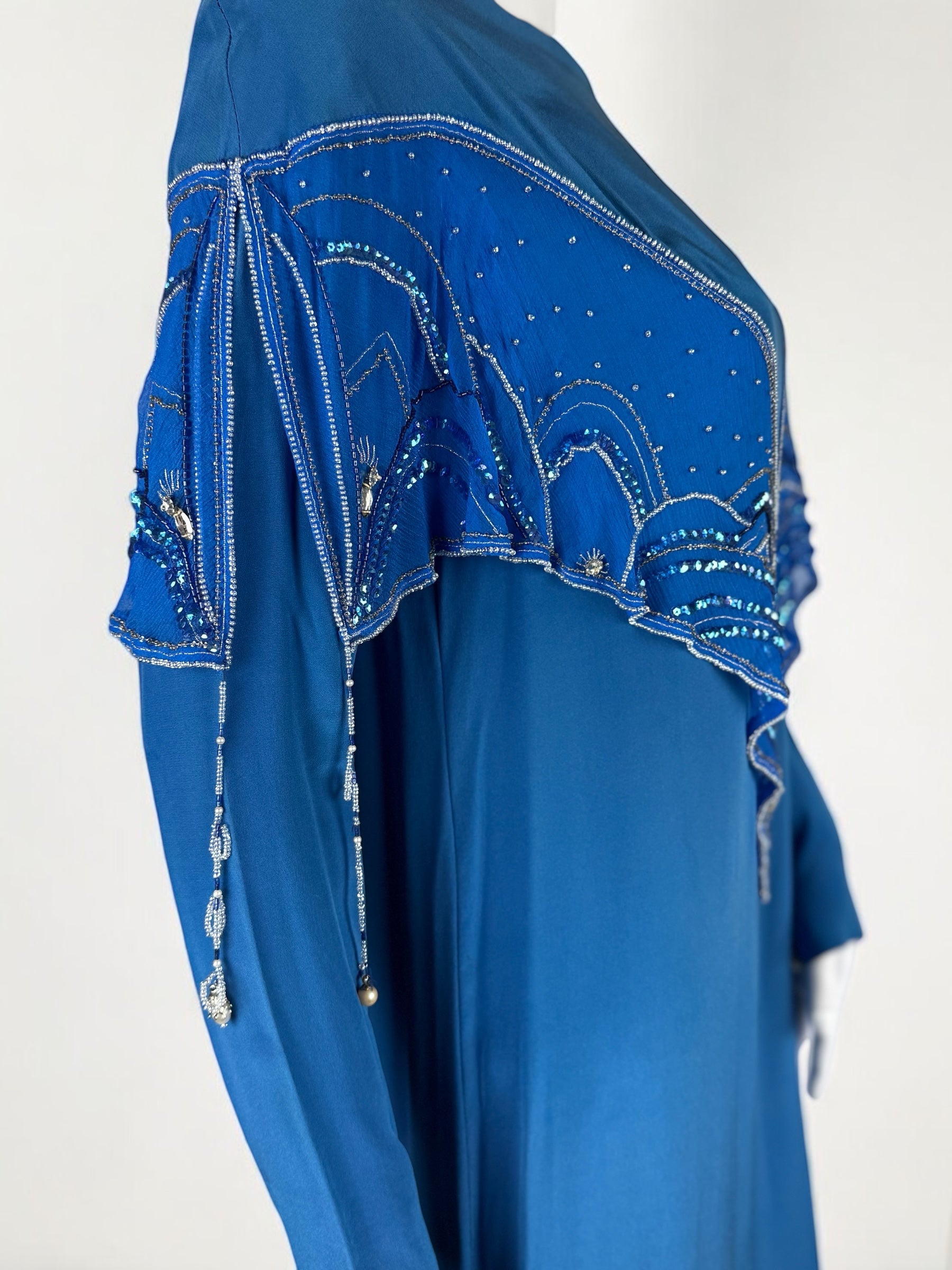 Bill Gibb Blue Silk Satin and Silk Chiffon Beaded Dress, c. Early 1980s