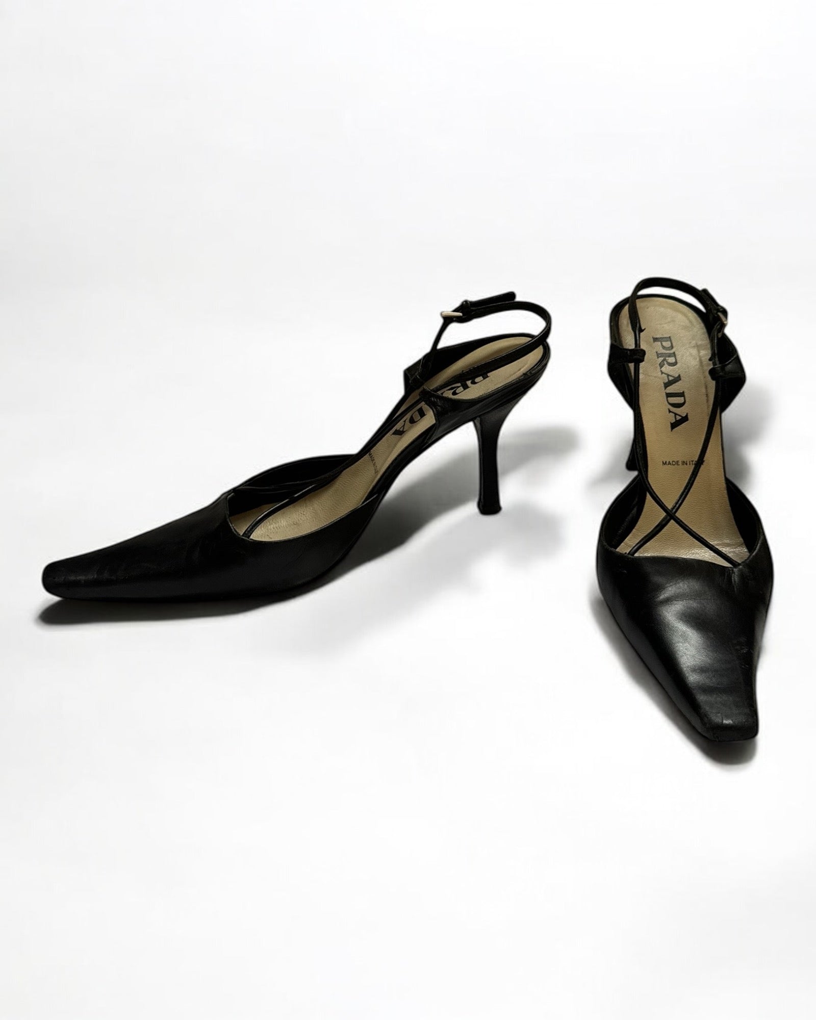 Prada Black Leather Cross Strap Heels, c. 1990s