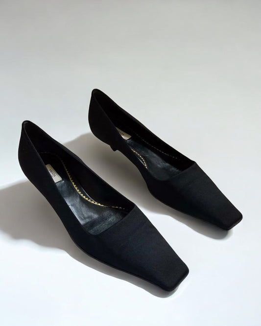 Prada Square Toe Black Satin Kitten Heels