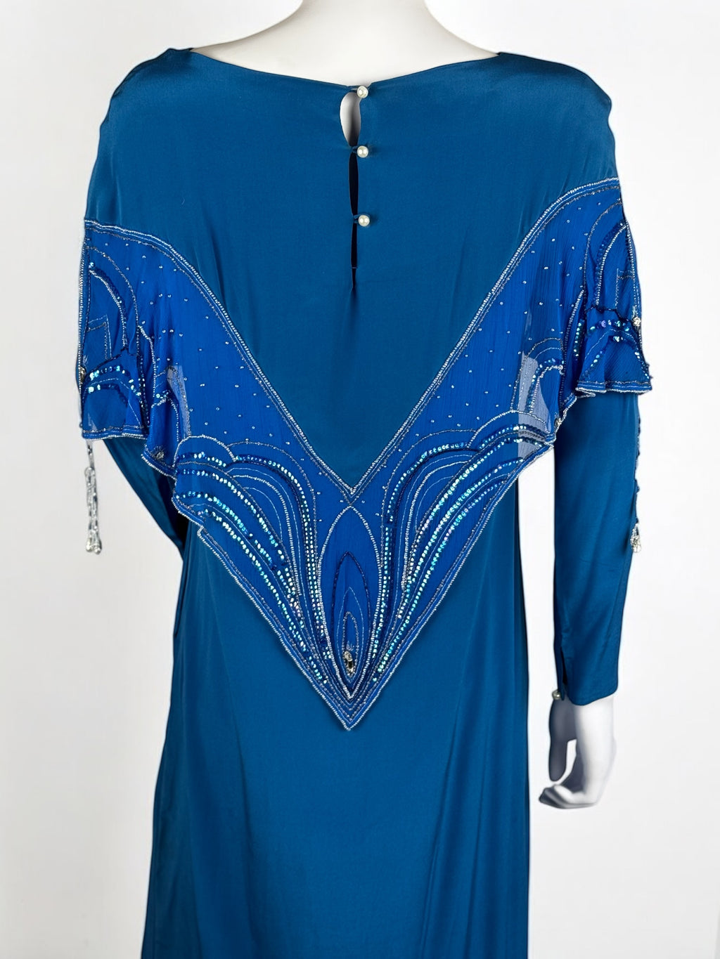 Bill Gibb Blue Silk Satin and Silk Chiffon Beaded Dress, c. Early 1980s
