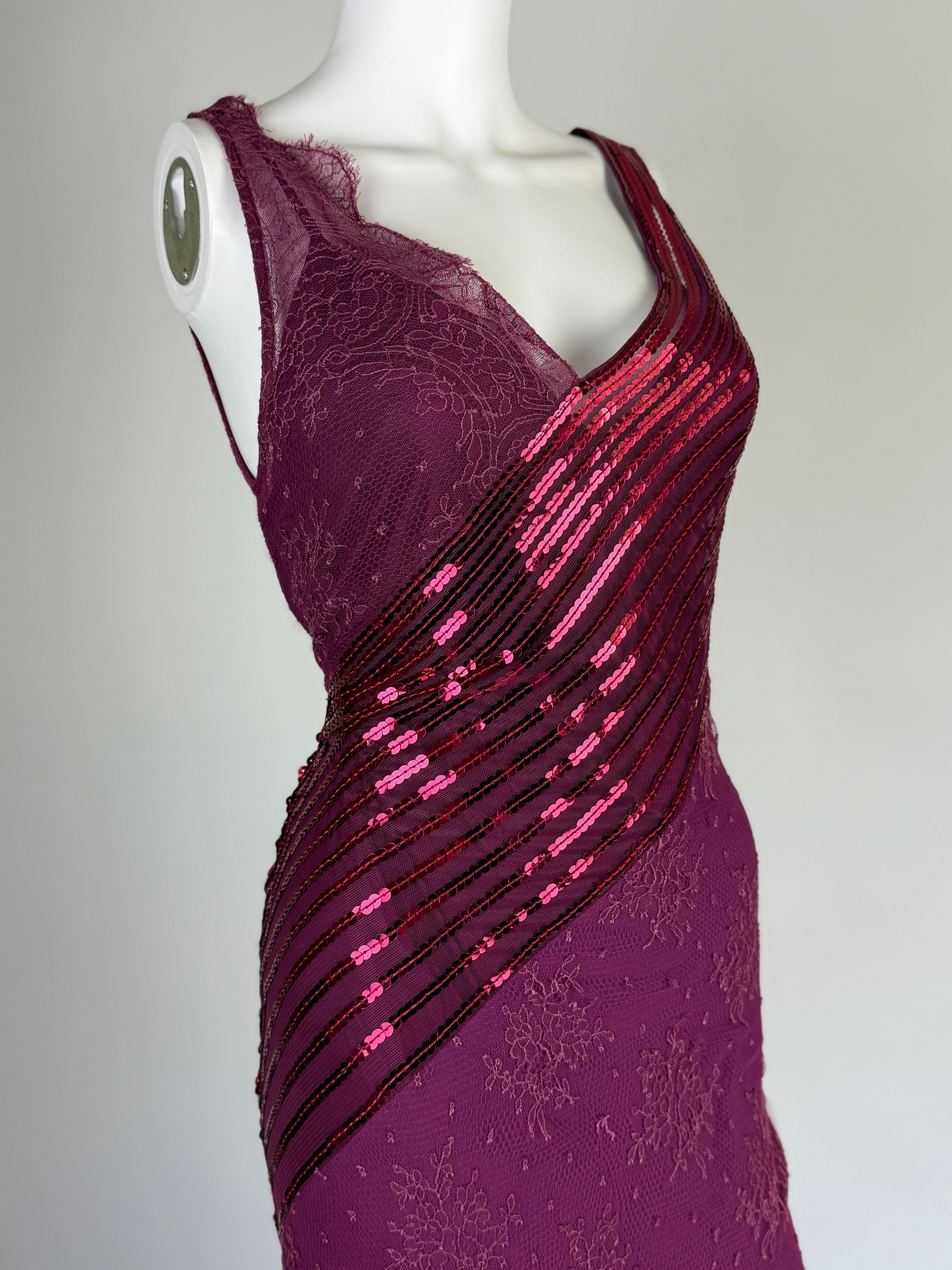 La Perla Magenta Pink Lace and Sequin Gown, 1999