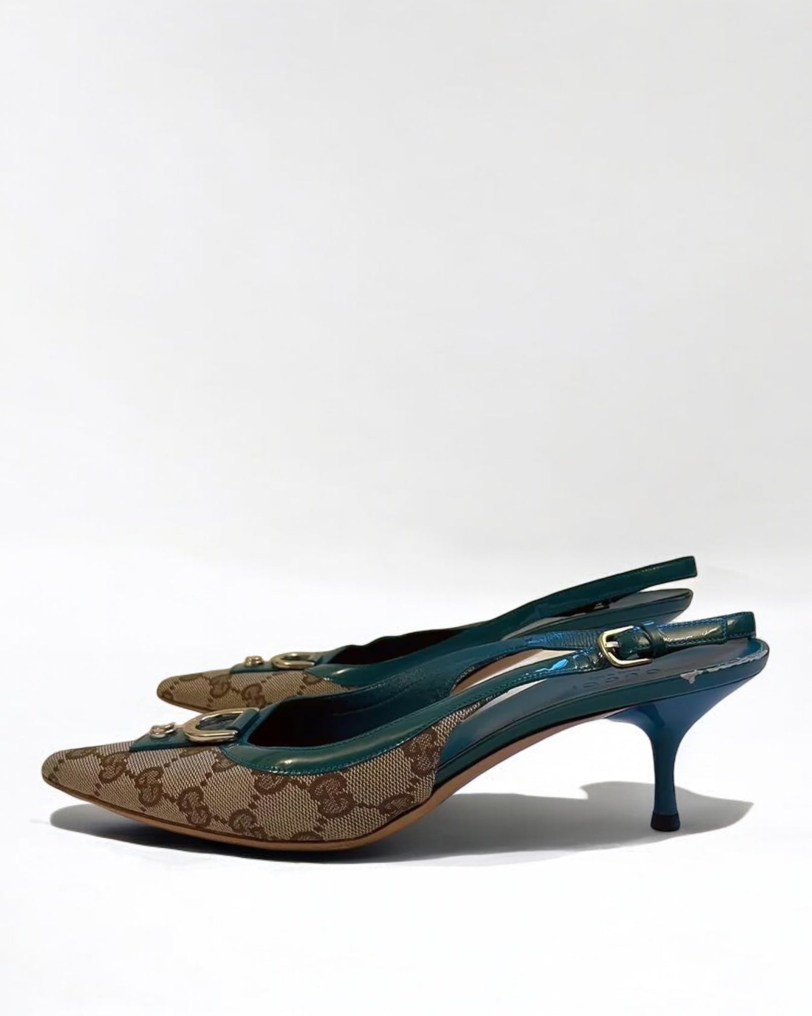 Gucci Monogram and Leather Sling Back Heels, c. 2000s
