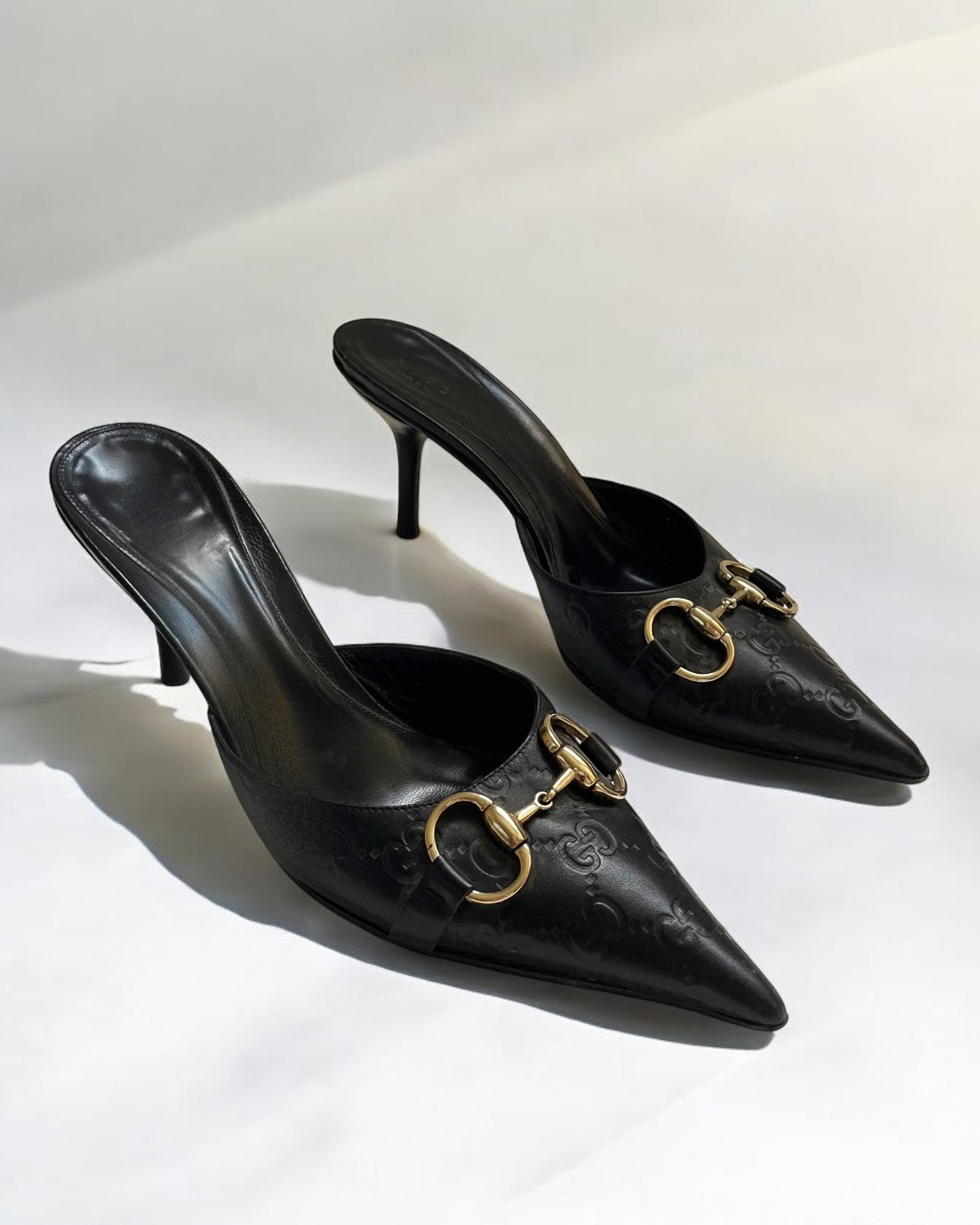 Gucci Black Leather Monogram Mules, 2005