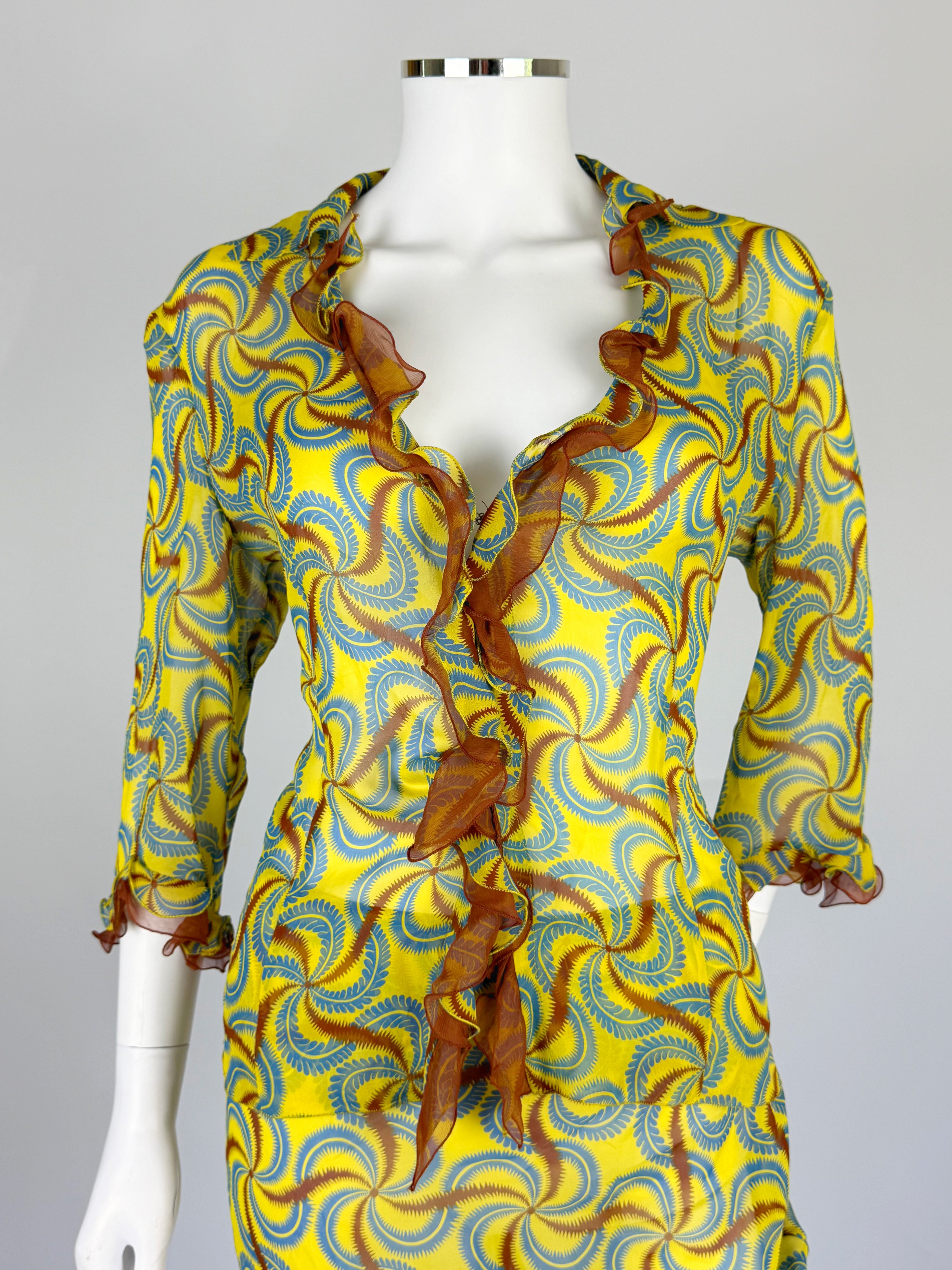 Alberta Ferretti Silk Printed Blouse and Skirt Set, SS 2000