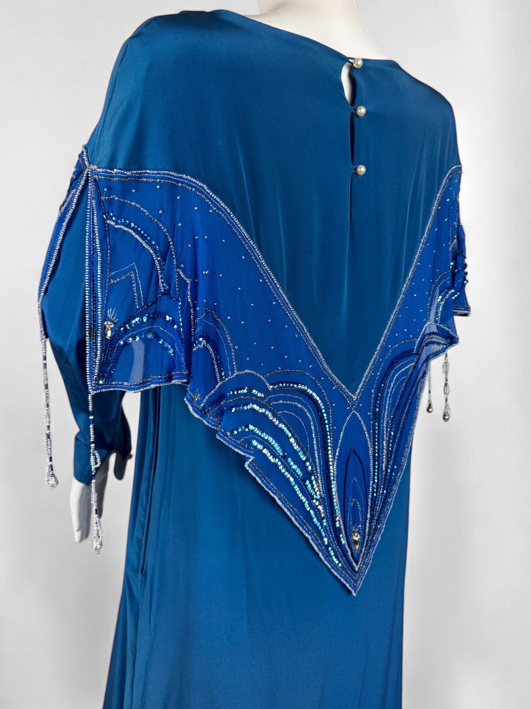 Bill Gibb Blue Silk Satin and Silk Chiffon Beaded Dress, c. Early 1980s