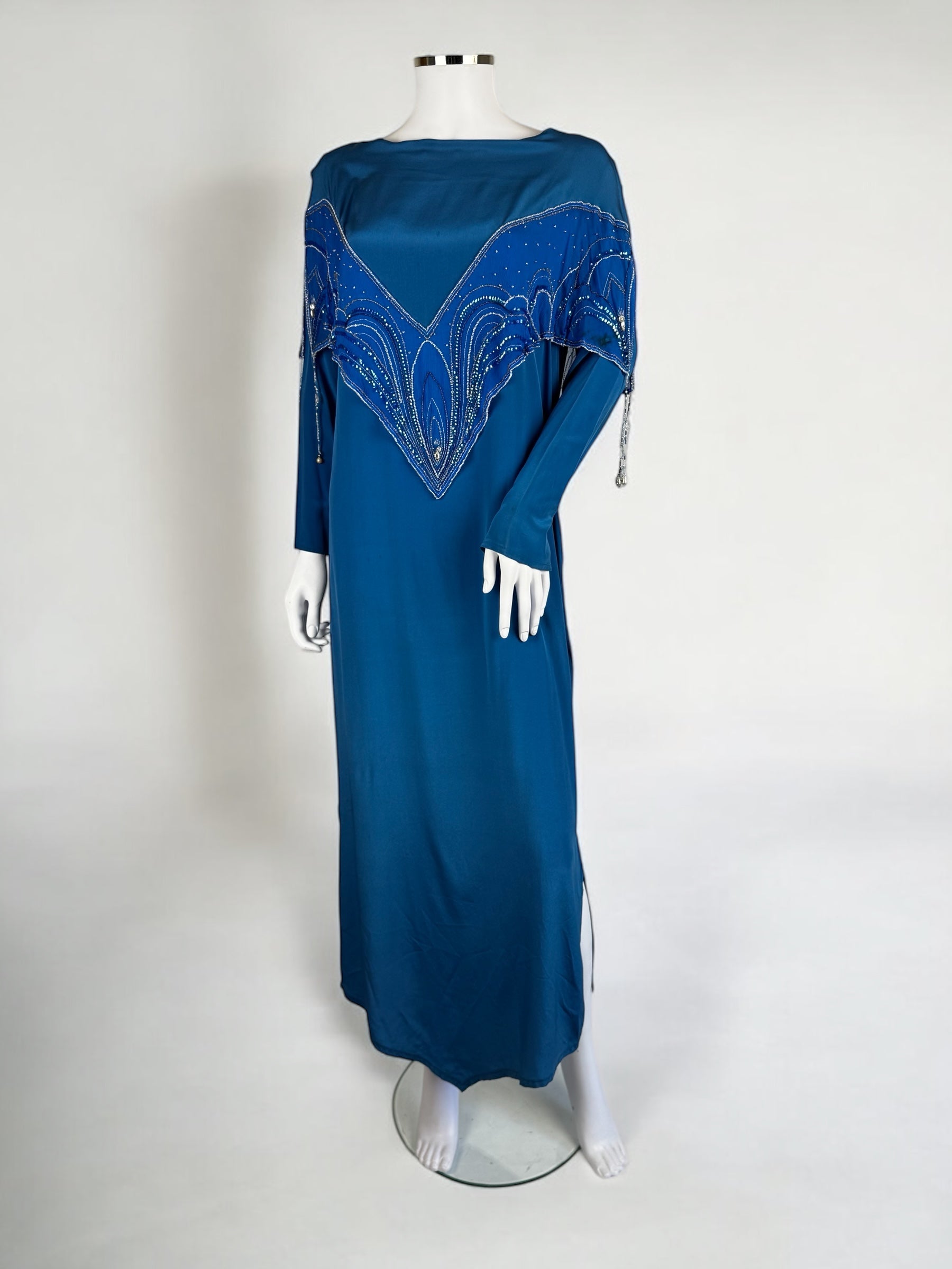 Bill Gibb Blue Silk Satin and Silk Chiffon Beaded Dress, c. Early 1980s