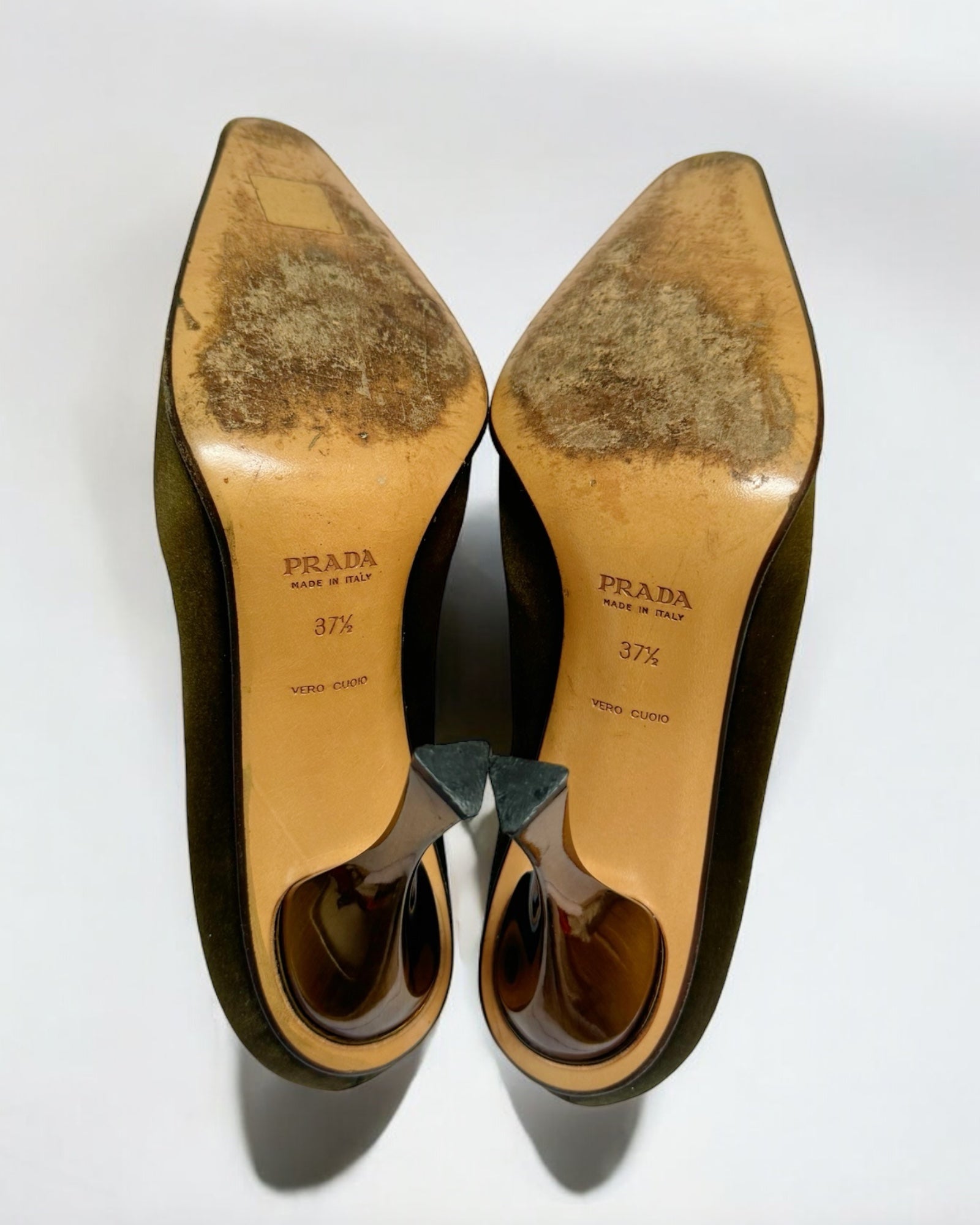 Prada Silk Khaki Pumps, c. 1990s