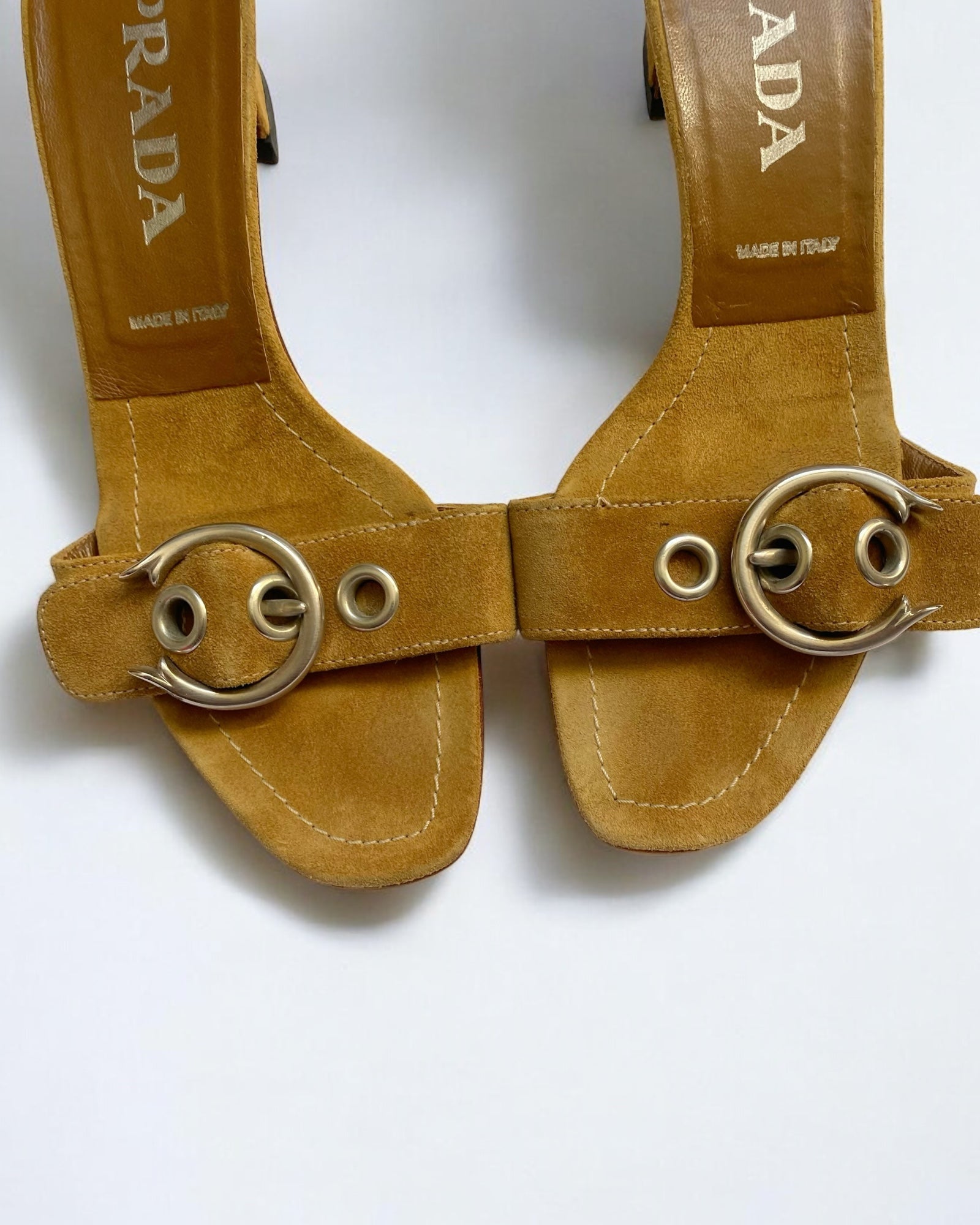 Prada Tan Suede Buckle Sandals, 2002