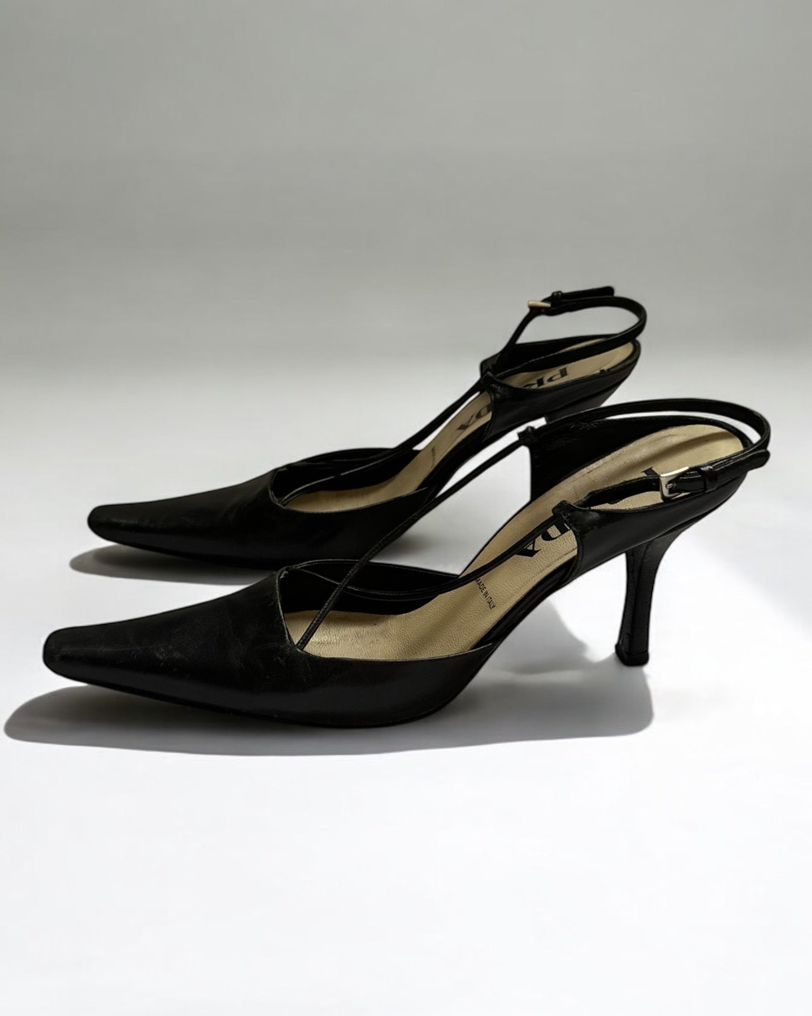 Prada Black Leather Cross Strap Heels, c. 1990s
