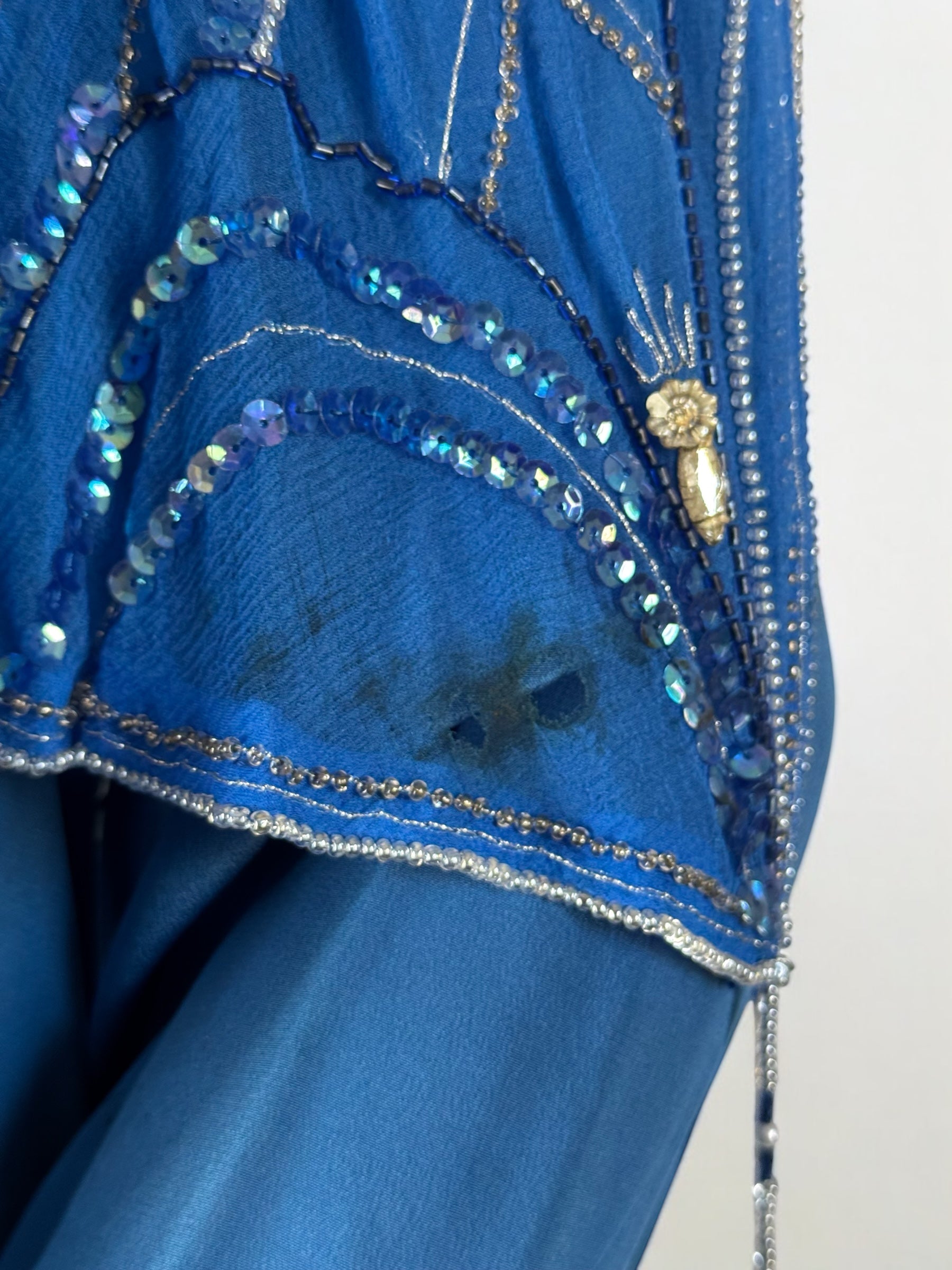 Bill Gibb Blue Silk Satin and Silk Chiffon Beaded Dress, c. Early 1980s