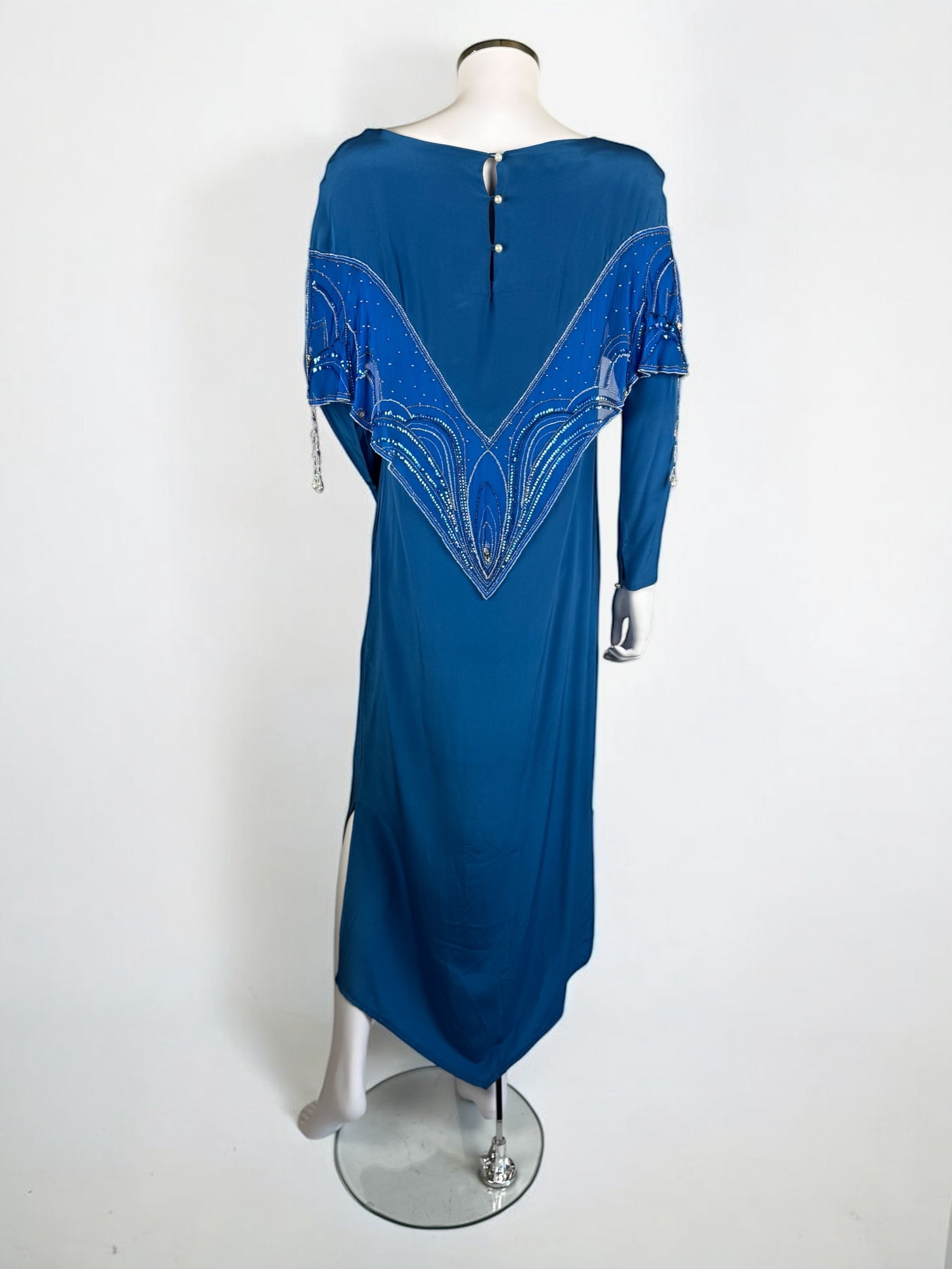 Bill Gibb Blue Silk Satin and Silk Chiffon Beaded Dress, c. Early 1980s
