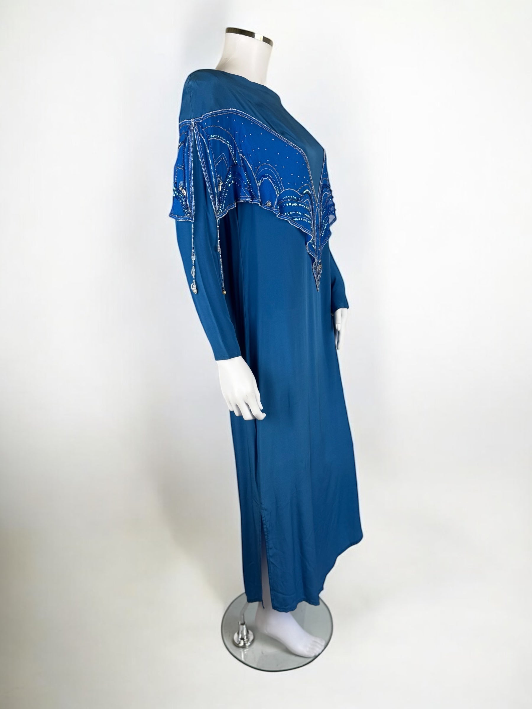 Bill Gibb Blue Silk Satin and Silk Chiffon Beaded Dress, c. Early 1980s