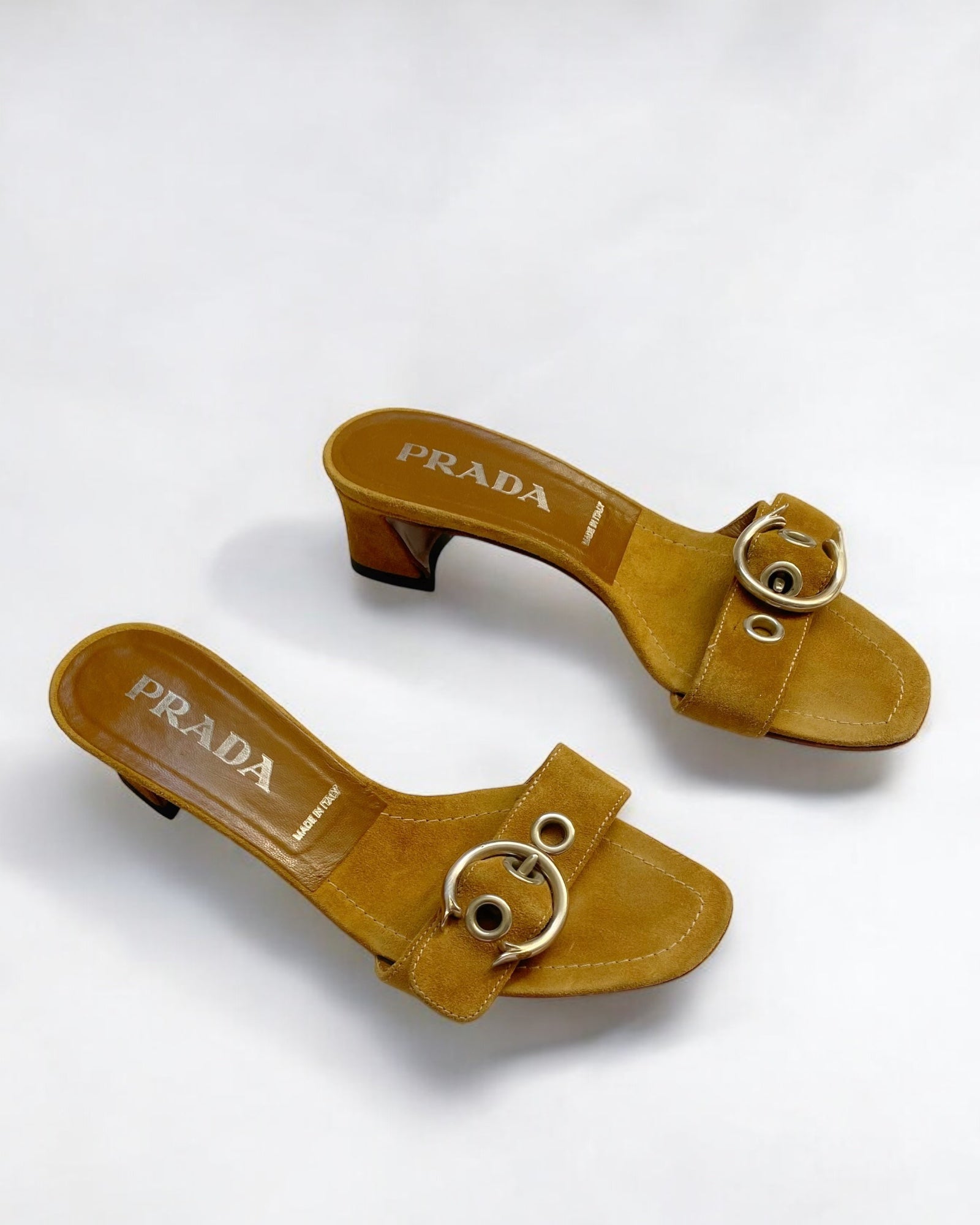 Prada Tan Suede Buckle Sandals, 2002