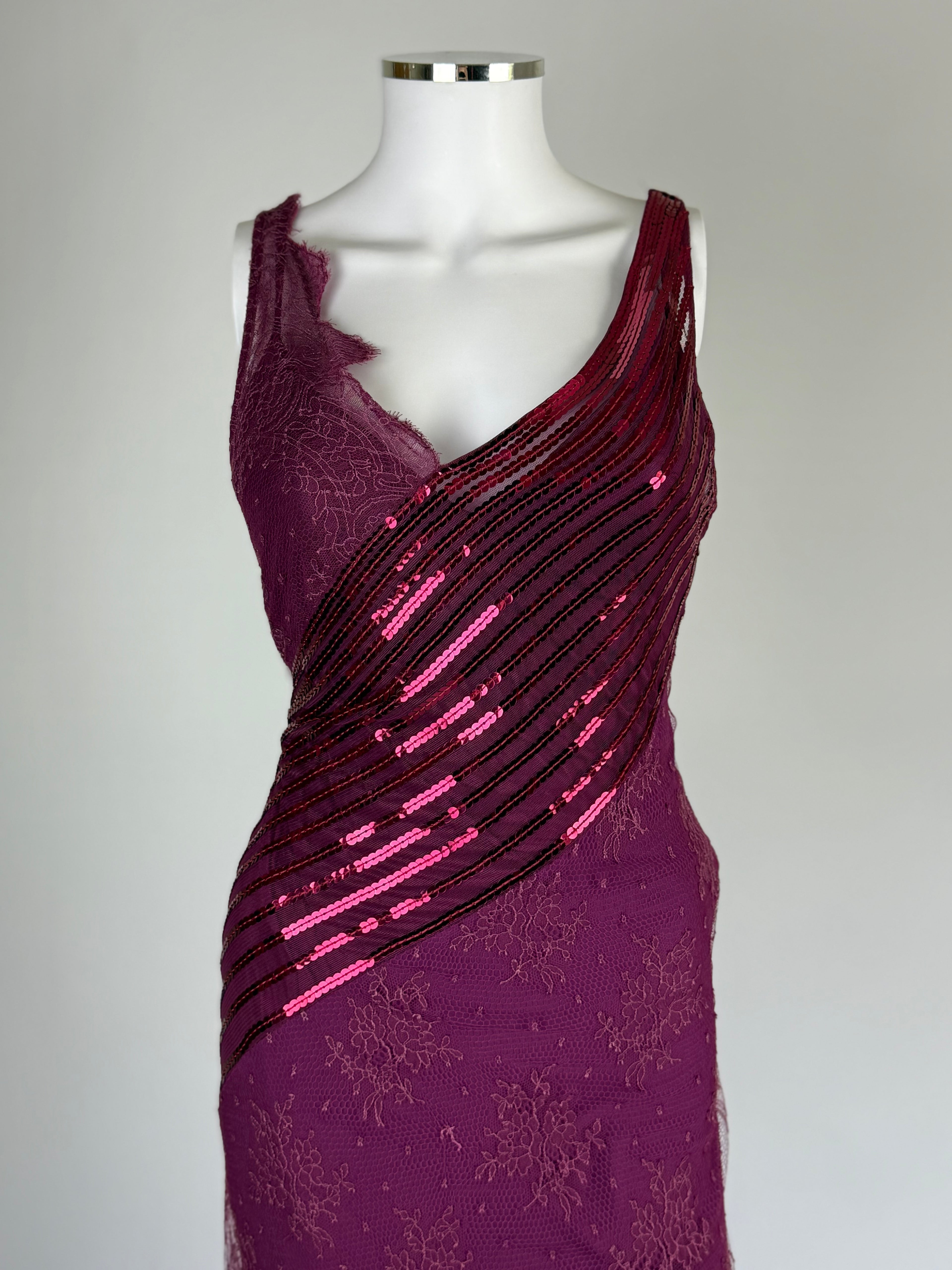 La Perla Magenta Pink Lace and Sequin Gown, 1999