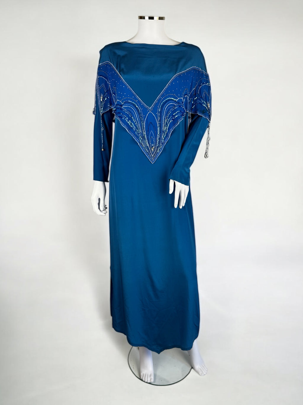 Bill Gibb Blue Silk Satin and Silk Chiffon Beaded Dress, c. Early 1980s