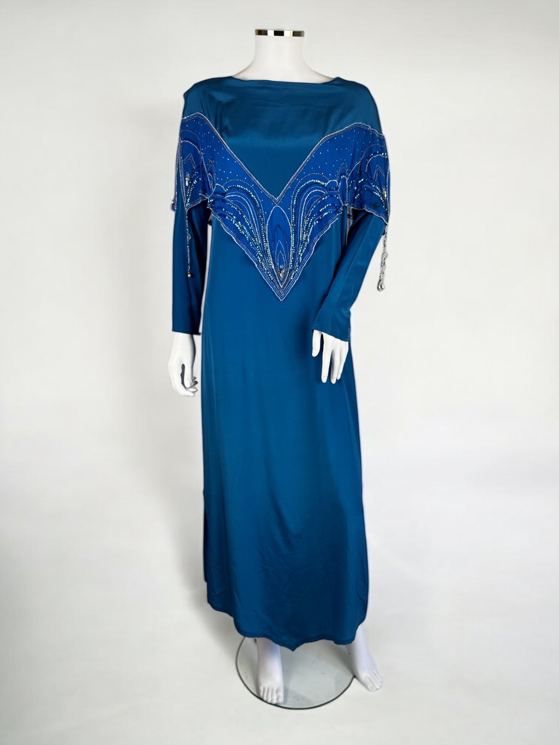 Bill Gibb Blue Silk Satin and Silk Chiffon Beaded Dress, c. Early 1980s