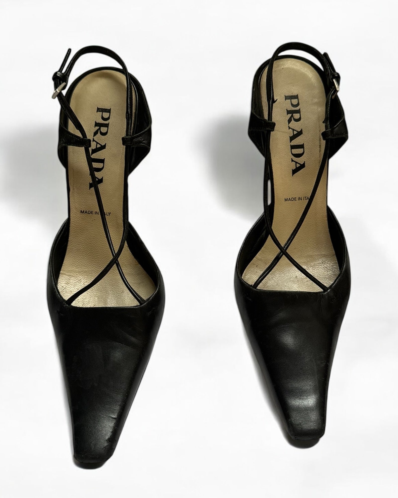 Prada Black Leather Cross Strap Heels, c. 1990s