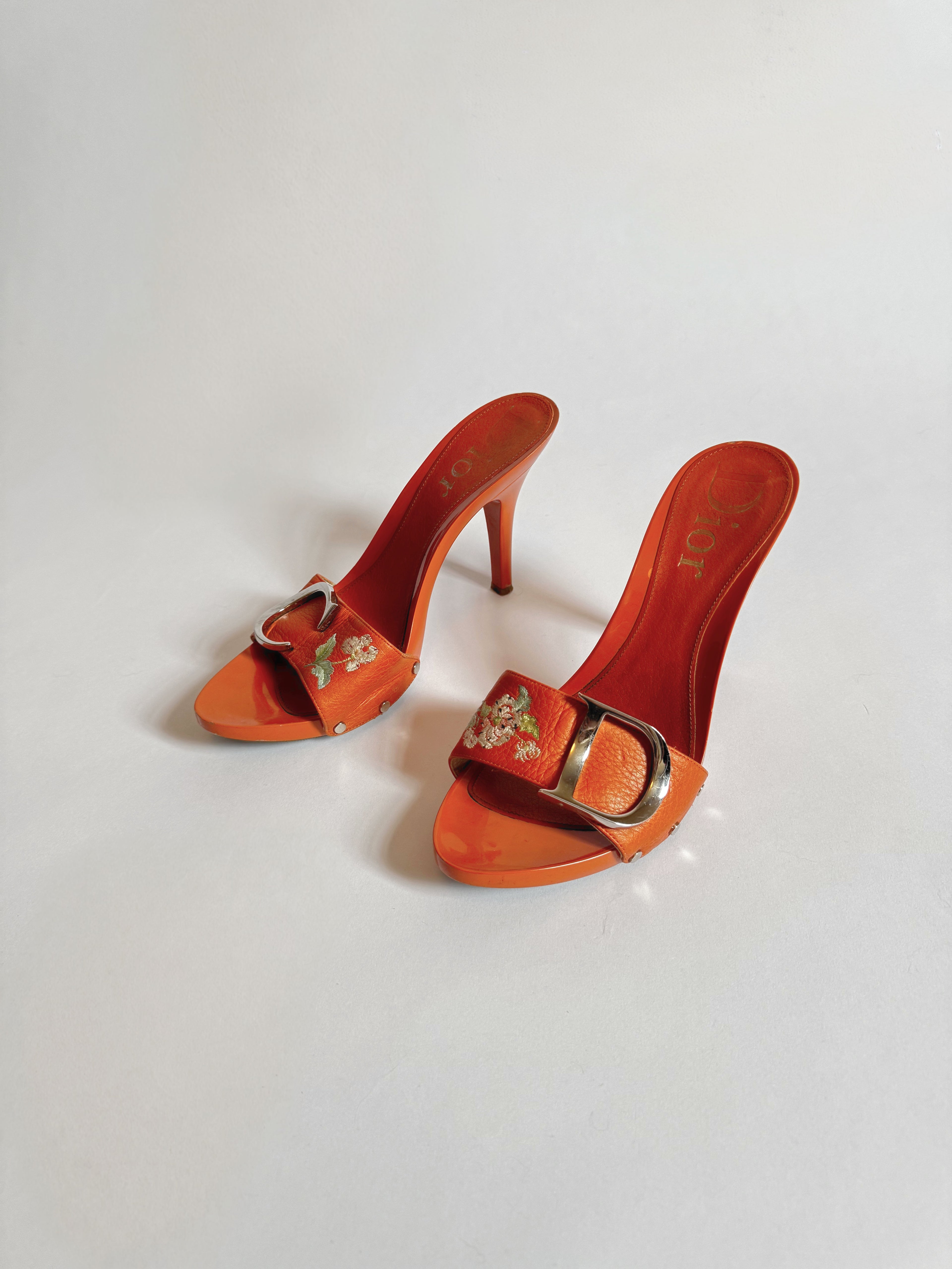 Christian Dior by John Galliano Orange Floral Clogs, c. 2000s