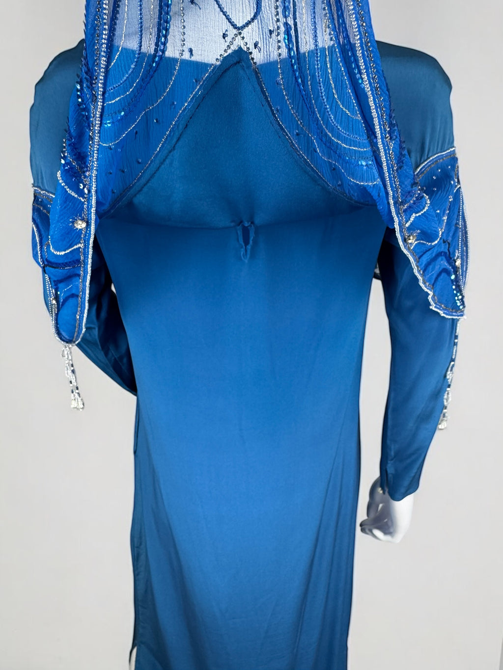 Bill Gibb Blue Silk Satin and Silk Chiffon Beaded Dress, c. Early 1980s