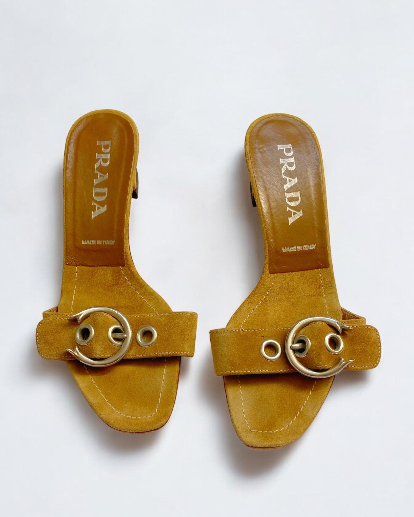 Prada Tan Suede Buckle Sandals, 2002