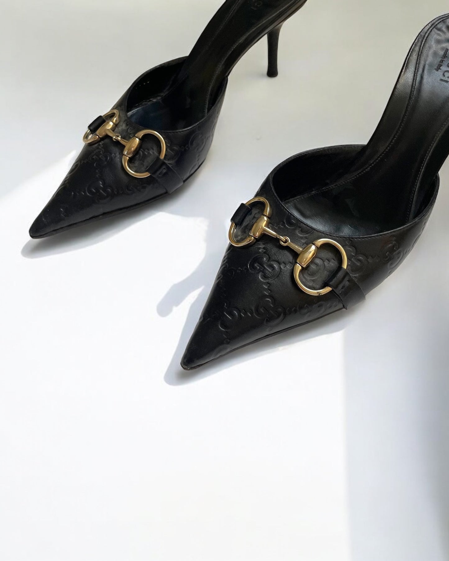 Gucci Black Leather Monogram Mules, 2005