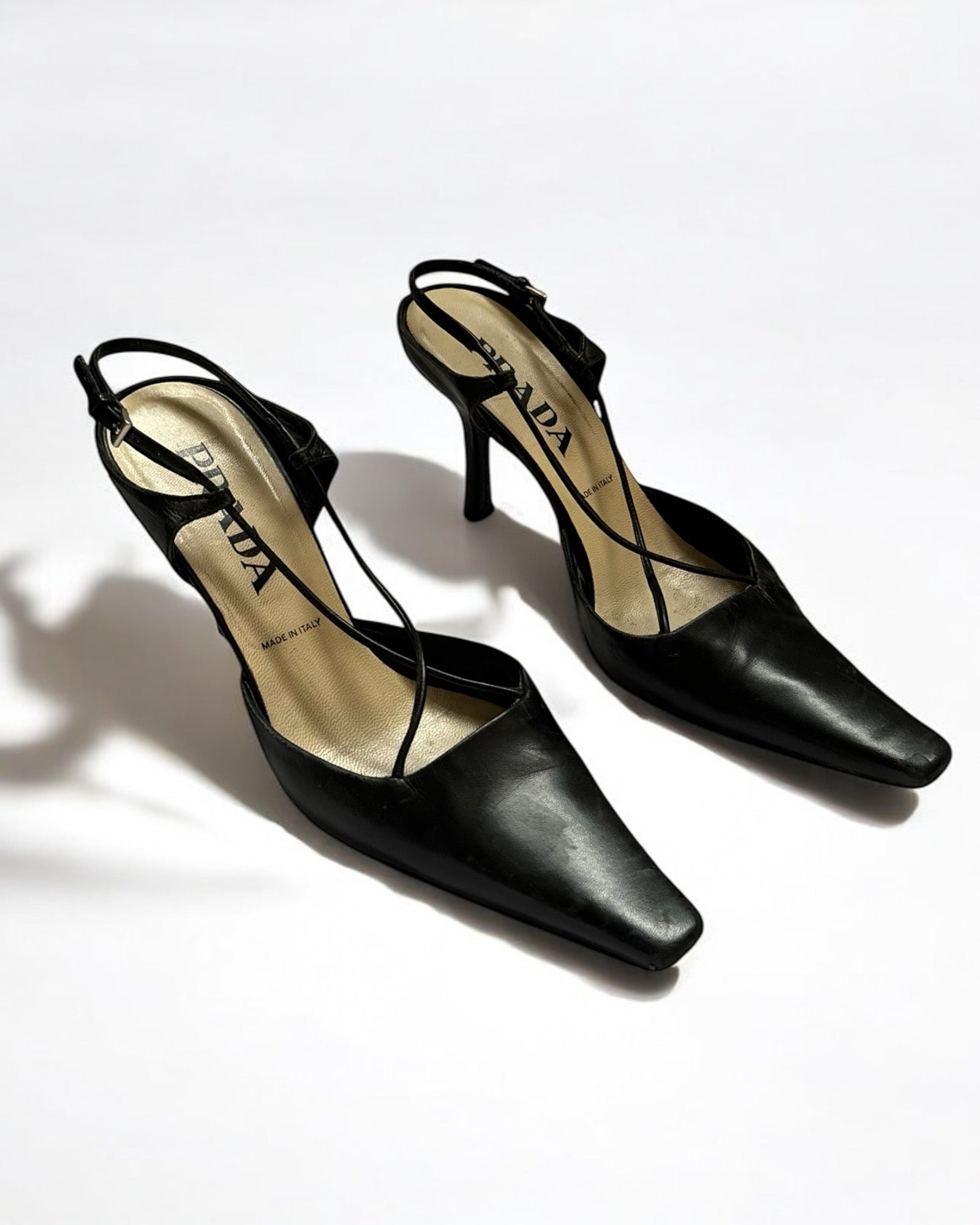 Prada Black Leather Cross Strap Heels, c. 1990s