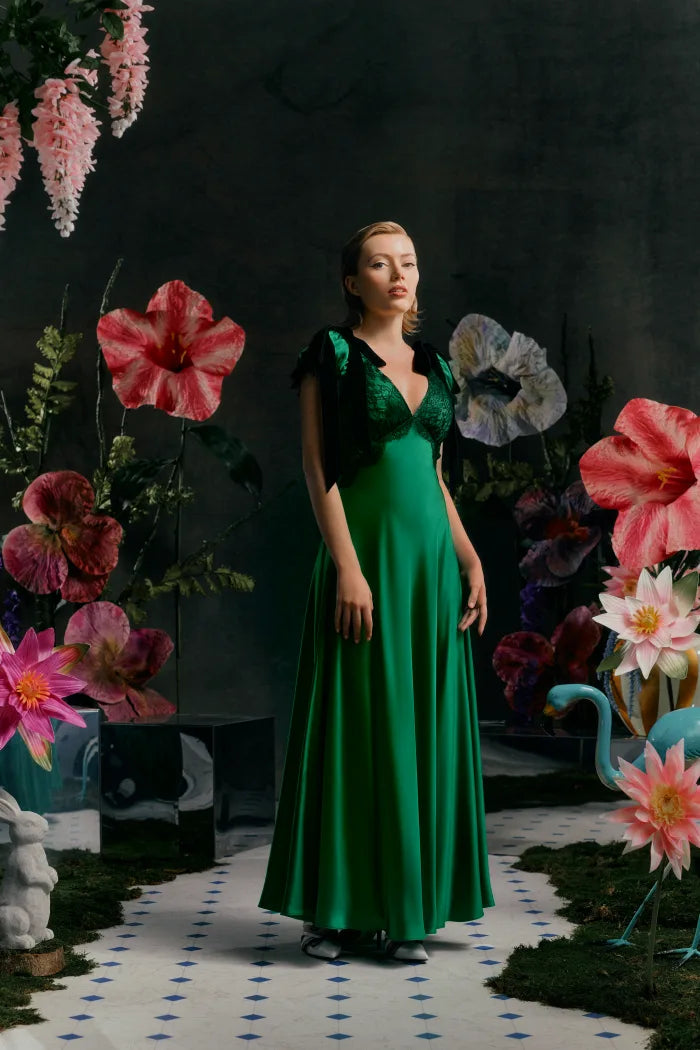 Rodarte Lace-Trimmed Emerald Green Silk Dress, SS 2024